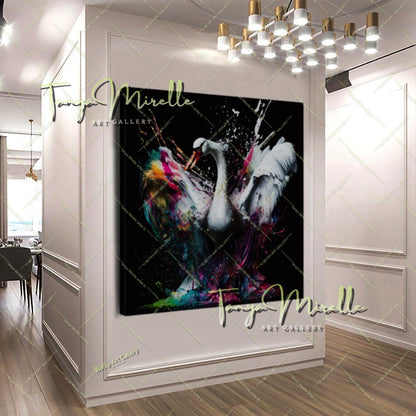 Two White Swans Art Print on Canvas – Modern Colorful Wall Art