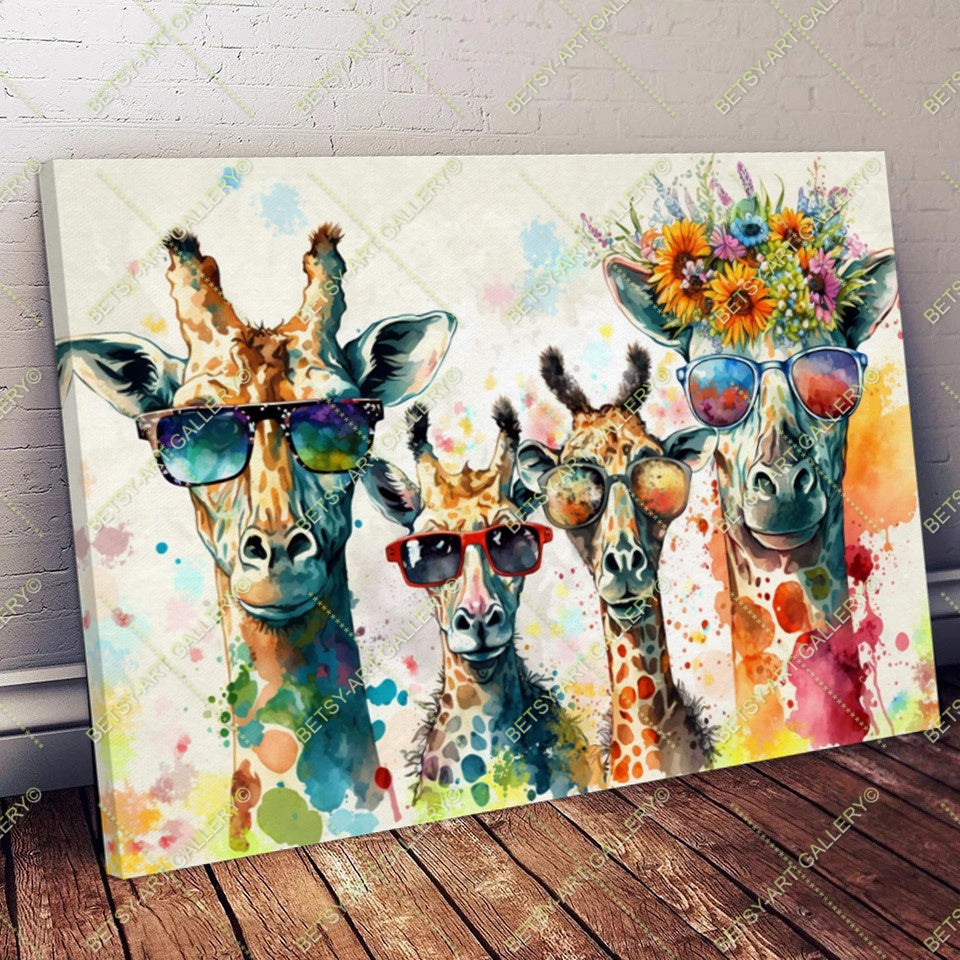 Floral Family Giraffes Canvas - Color Splash Animal Print