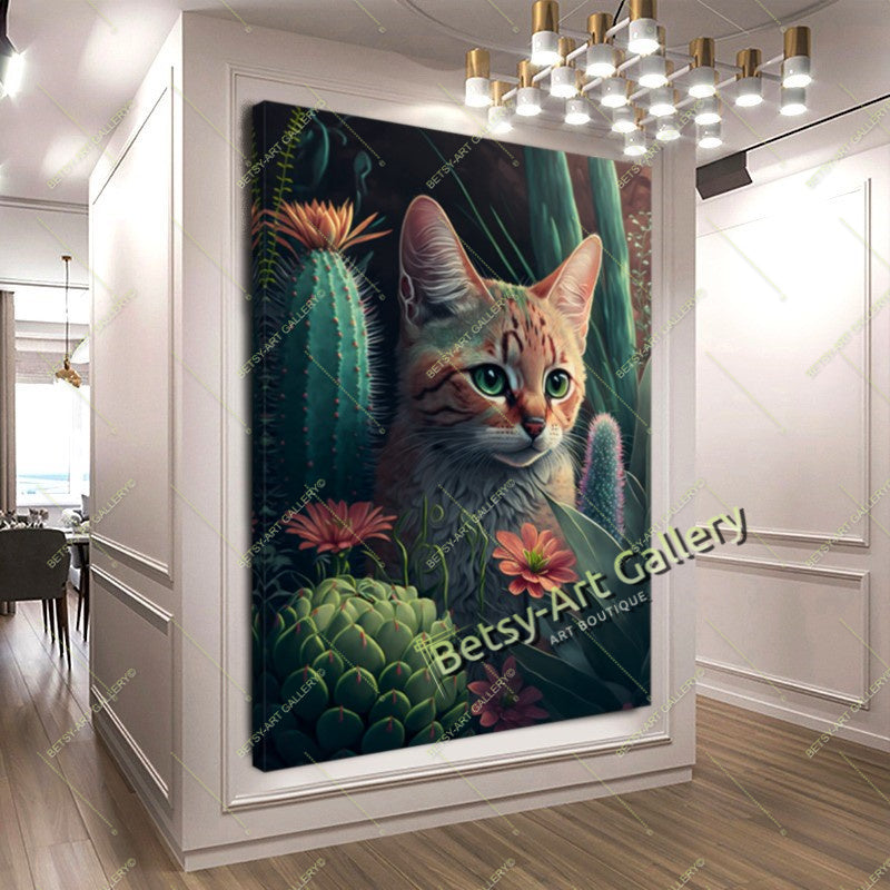Jungle Green Cat Canvas Print, Tropical Cat Wall Art