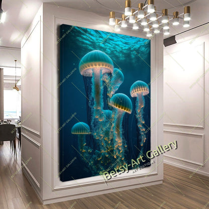 Blue Jellyfish Canvas Print - Underwater Sea Life Wall Art Decor
