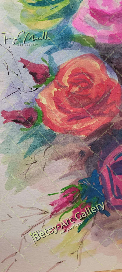 Original Watercolor Painting Garden Roses Wall Art, No Frame abstract expressionism art print birthday gift blooming garden art botanical print colorful painting floral art floral painting garden painting gift for mom mediterranean art modern art modern wall art nature painting olive garder art paper painting small painting wall art home decor watercolor floral watercolor flowers watercolor landscape watercolor painting
