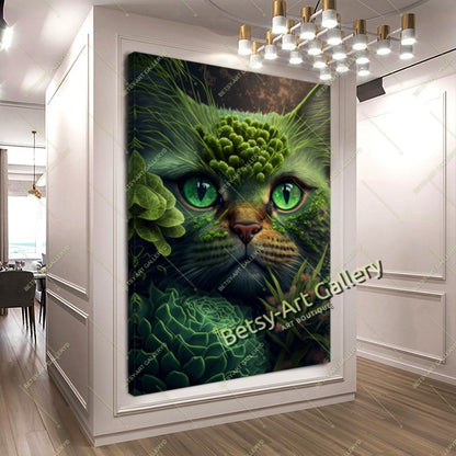 Jungle Green Cat Canvas Print, Tropical Cat Wall Art
