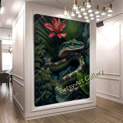 Green Snake Jungle Canvas Print, Tropical Reptile Wall Art