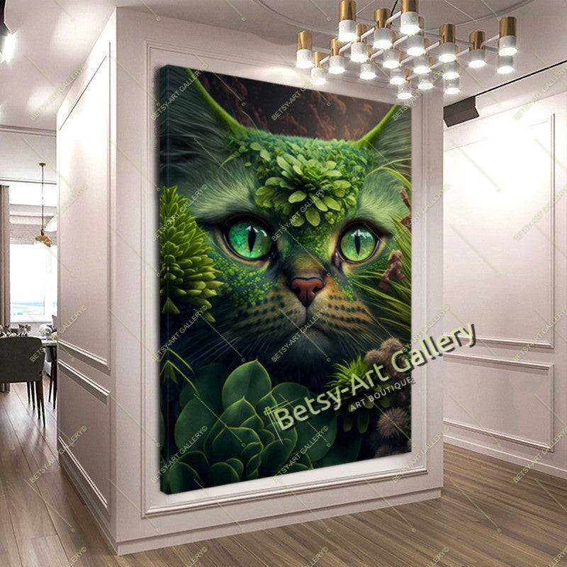 Jungle Green Cat Canvas Print, Tropical Cat Wall Art