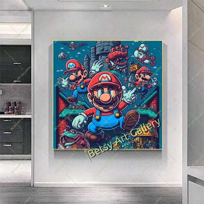 Retro Mario 80s Canvas Print, Vintage Video Game Wall Art