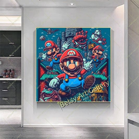 Retro Mario 80s Canvas Print, Vintage Video Game Wall Art
