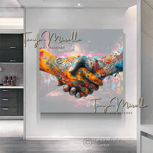 Tattooed Hands Handshake Art Print on Canvas #3
