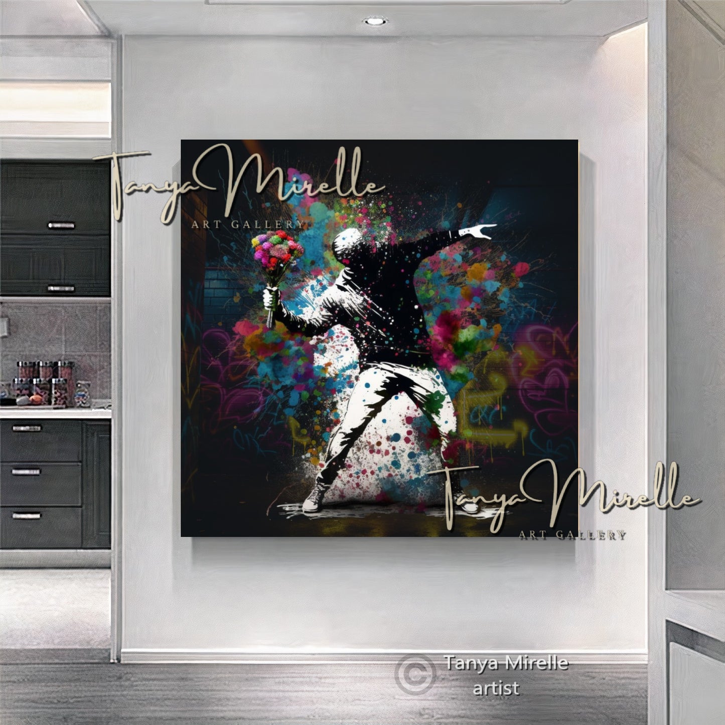 Banksy Man with Bouquet Graffiti Art Print on Canvas #2 A art gift Banksy art Banksy canvas canvas print canvas wall art contemporary art flower thrower giclée prints graffiti art print graffiti canvas graffiti canvas art graffiti print home decor large canvas print large wall art Large Wall Art Decor modern abstract art modern art print modern wall art pop art print print on canvas ready to hang canvas street art street art on canvas stretched canvas art urban decor wall art prints