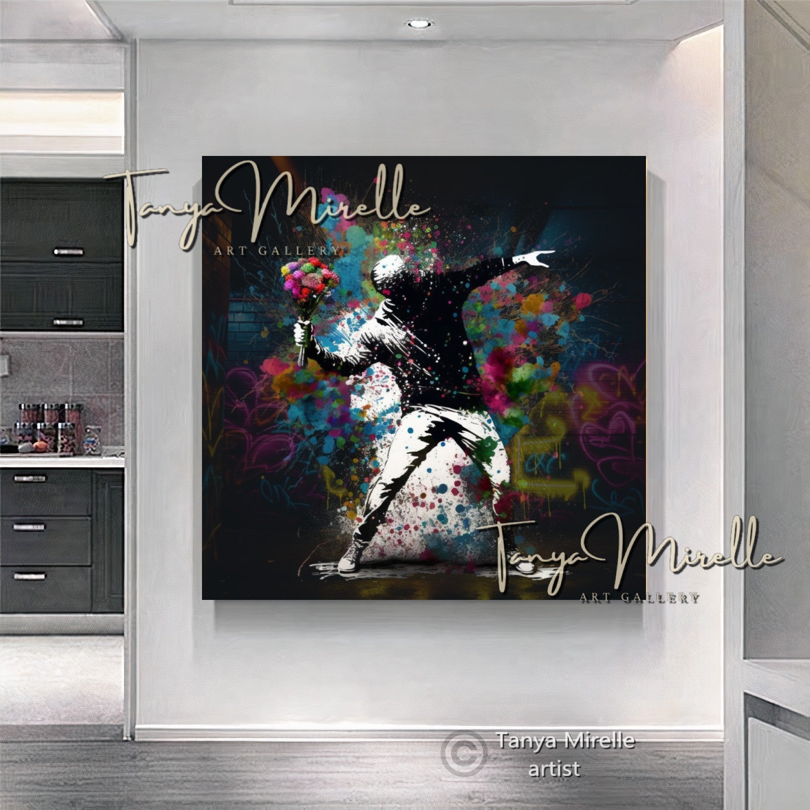 Banksy Man with Bouquet Graffiti Art Print on Canvas #2 A art gift Banksy art Banksy canvas canvas print canvas wall art contemporary art flower thrower giclée prints graffiti art print graffiti canvas graffiti canvas art graffiti print home decor large canvas print large wall art Large Wall Art Decor modern abstract art modern art print modern wall art pop art print print on canvas ready to hang canvas street art street art on canvas stretched canvas art urban decor wall art prints