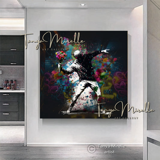 Banksy Man with Bouquet Graffiti Art Print on Canvas #2 A art gift Banksy art Banksy canvas canvas print canvas wall art contemporary art flower thrower giclée prints graffiti art print graffiti canvas graffiti canvas art graffiti print home decor large canvas print large wall art Large Wall Art Decor modern abstract art modern art print modern wall art pop art print print on canvas ready to hang canvas street art street art on canvas stretched canvas art urban decor wall art prints