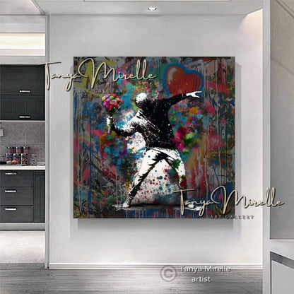 Banksy Man with Bouquet Graffiti Art Print on Canvas #2 B art gift Banksy art Banksy canvas canvas print canvas wall art contemporary art flower thrower giclée prints graffiti art print graffiti canvas graffiti canvas art graffiti print home decor large canvas print large wall art Large Wall Art Decor modern abstract art modern art print modern wall art pop art print print on canvas ready to hang canvas street art street art on canvas stretched canvas art urban decor wall art prints