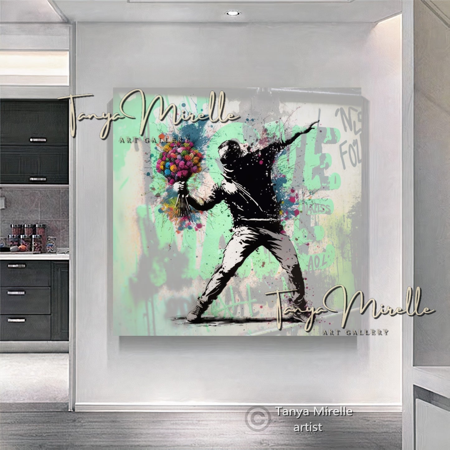 Banksy Man with Bouquet Graffiti Art Print on Canvas #2 C art gift Banksy art Banksy canvas canvas print canvas wall art contemporary art flower thrower giclée prints graffiti art print graffiti canvas graffiti canvas art graffiti print home decor large canvas print large wall art Large Wall Art Decor modern abstract art modern art print modern wall art pop art print print on canvas ready to hang canvas street art street art on canvas stretched canvas art urban decor wall art prints