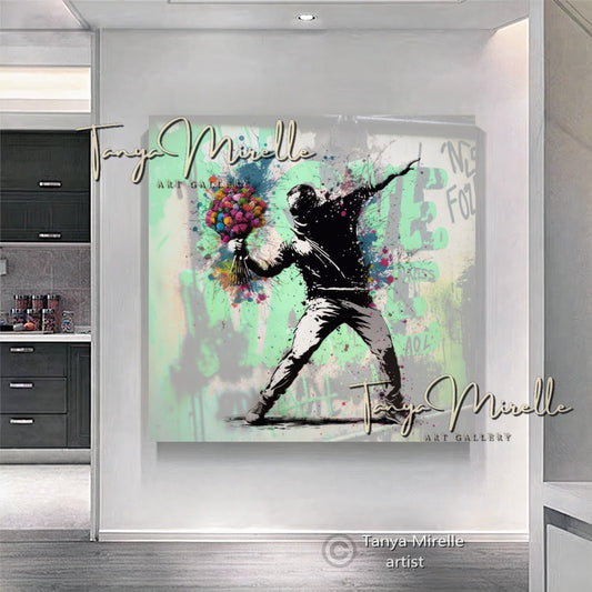 Banksy Man with Bouquet Graffiti Art Print on Canvas #2 C art gift Banksy art Banksy canvas canvas print canvas wall art contemporary art flower thrower giclée prints graffiti art print graffiti canvas graffiti canvas art graffiti print home decor large canvas print large wall art Large Wall Art Decor modern abstract art modern art print modern wall art pop art print print on canvas ready to hang canvas street art street art on canvas stretched canvas art urban decor wall art prints