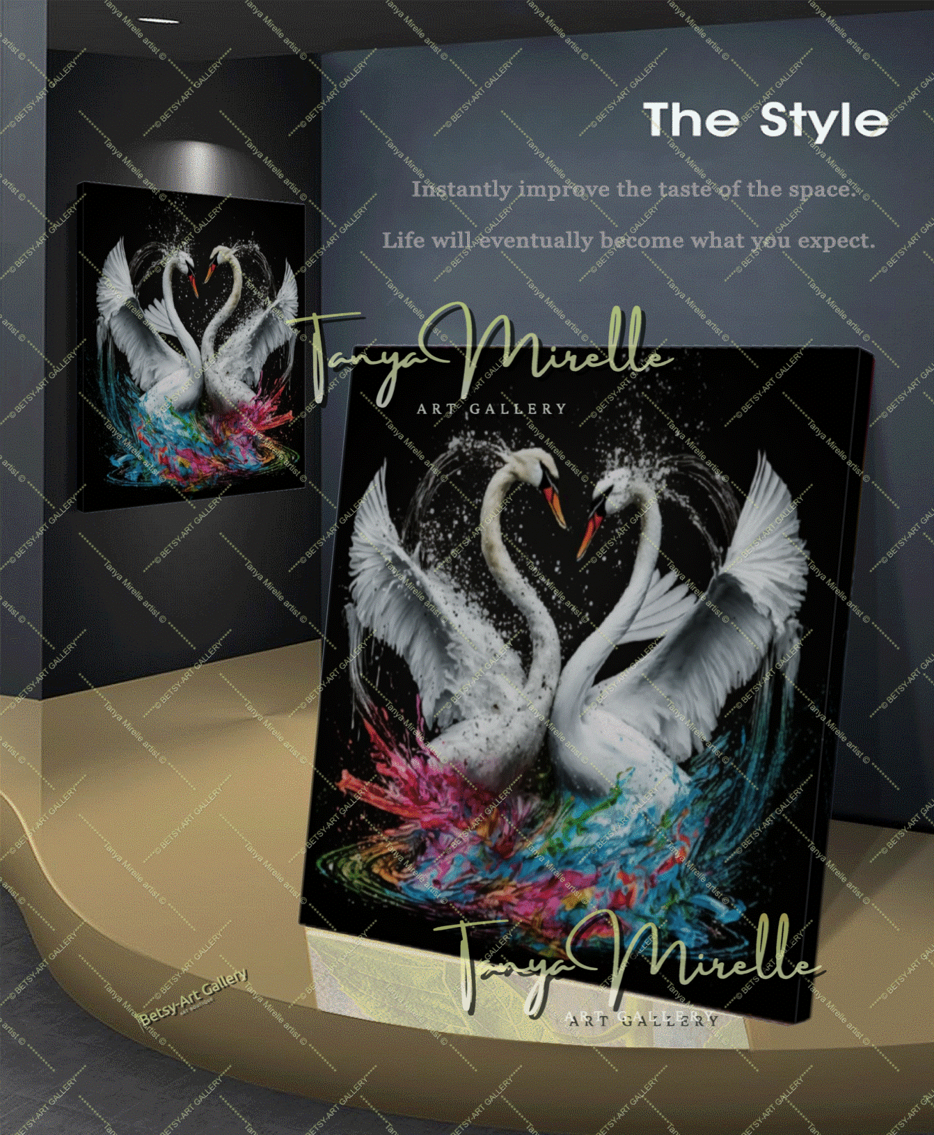 Two White Swans Art Print on Canvas – Modern Colorful Wall Art