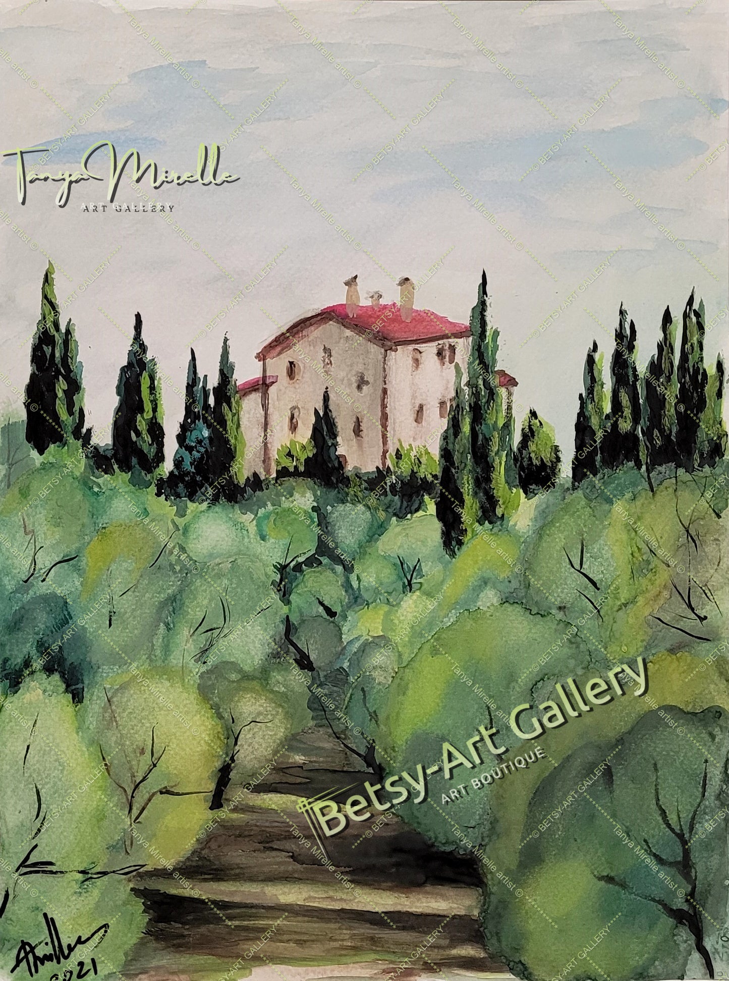 Original Watercolor Painting Olive Garden Wall Art, No Frame abstract expressionism art print birthday gift blooming garden art botanical print garden painting gift for mom mediterranean art modern art modern wall art nature painting olive garder art paper painting small painting wall art home decor watercolor landscape watercolor painting