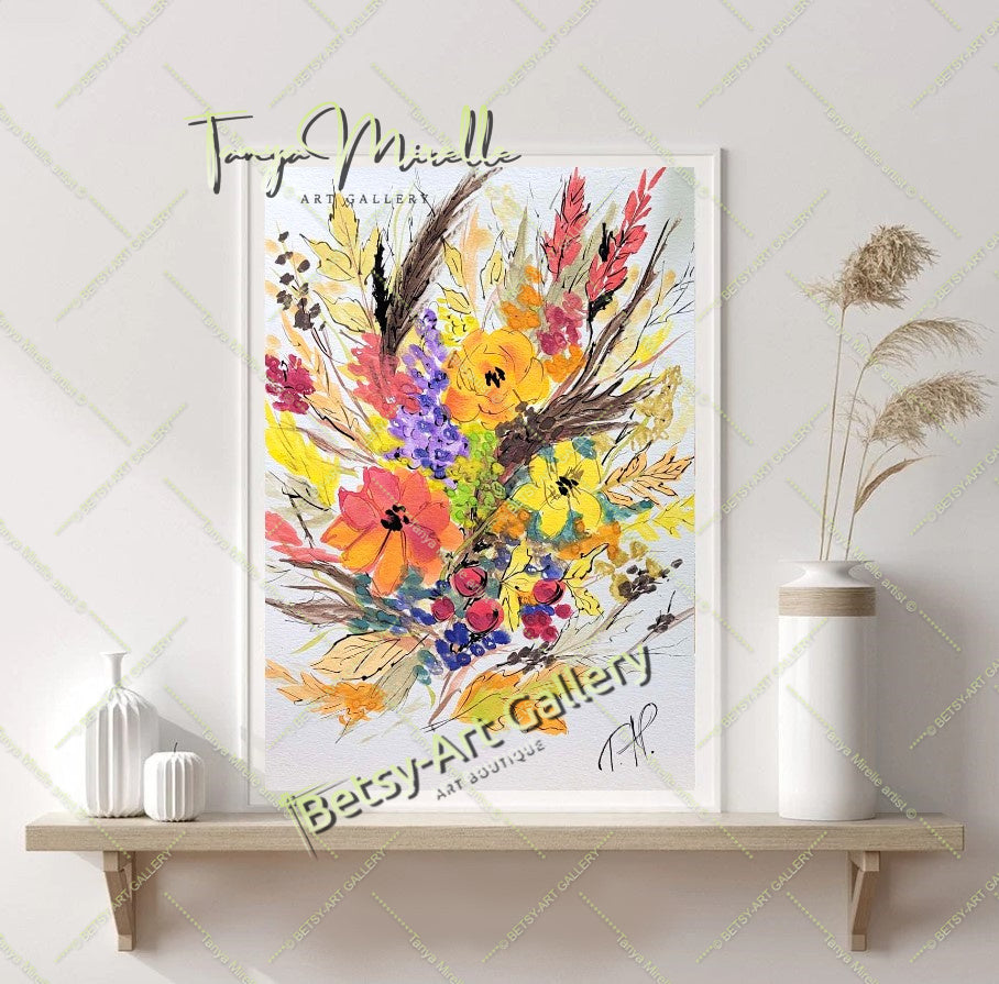 Watercolor Autumn Wild Flowers Painting, Botanical Wall Art No Frame abstract expressionism art print birthday gift blooming garden art botanical print colorful painting floral art floral painting garden painting gift for mom mediterranean art modern art modern wall art nature painting paper painting small painting wall art home decor watercolor floral watercolor flowers watercolor landscape watercolor painting