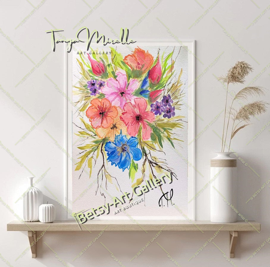 Original Watercolor Mallows Painting, Botanical Wall Art No Frame abstract expressionism art print birthday gift blooming garden art botanical print colorful painting floral art floral painting garden painting gift for mom mediterranean art modern art modern wall art nature painting paper painting small painting wall art home decor watercolor floral watercolor flowers watercolor landscape watercolor painting