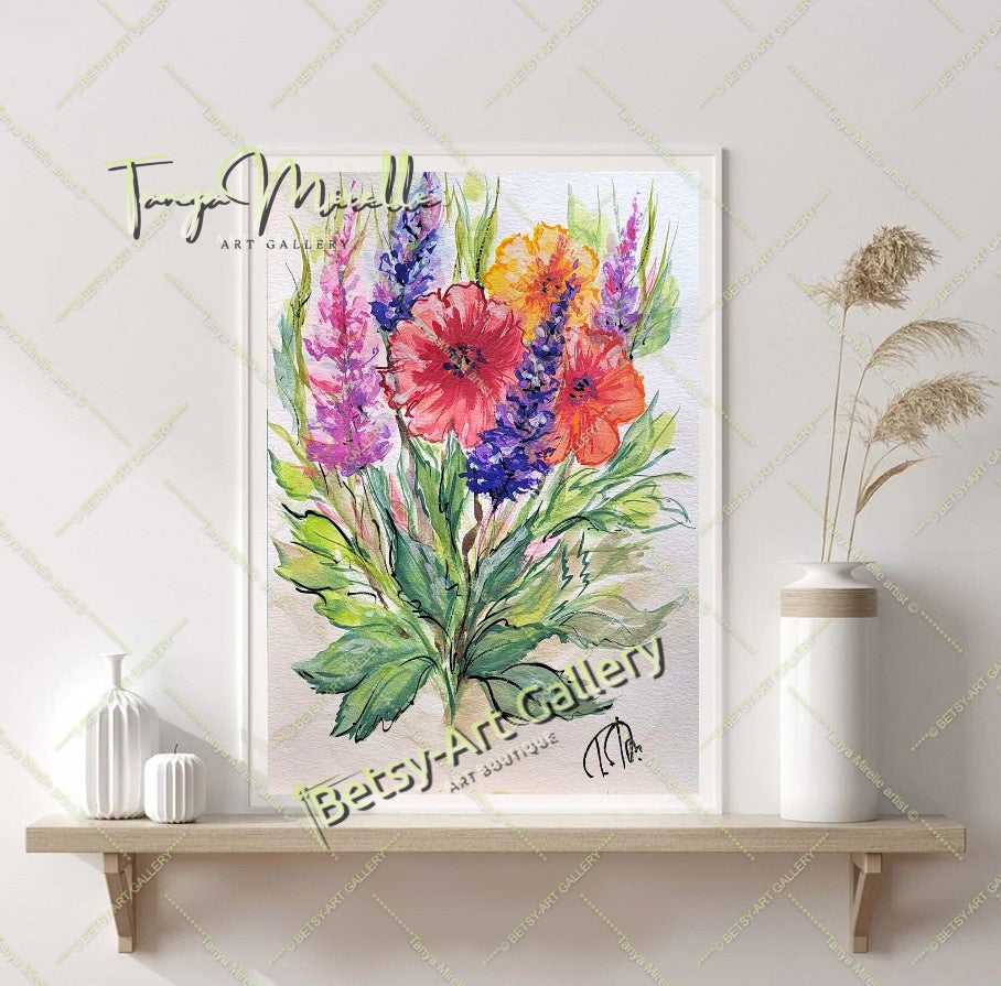 Watercolor Garden Flowers Painting, Botanical Wall Art No Frame abstract expressionism art print birthday gift blooming garden art botanical print colorful painting floral art floral painting garden painting gift for mom mediterranean art modern art modern wall art nature painting paper painting small painting wall art home decor watercolor floral watercolor flowers watercolor landscape watercolor painting