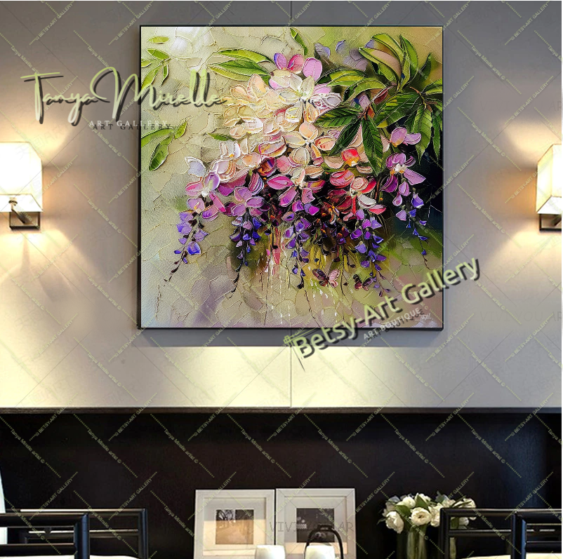 Modern Wisteria Print on Canvas, Colorful Floral Wall Art