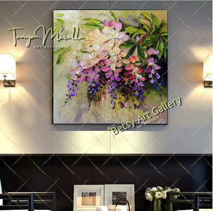 Modern Wisteria Print on Canvas, Colorful Floral Wall Art