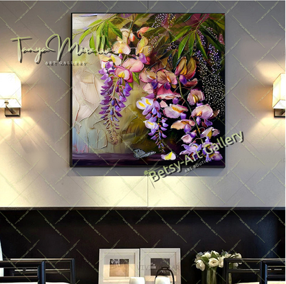 Modern Wisteria Print on Canvas, Colorful Floral Wall Art