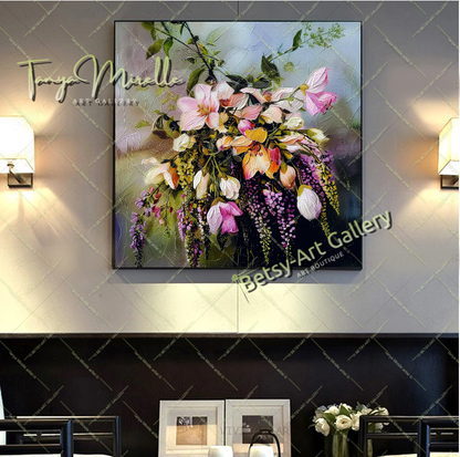 Modern Wisteria Print on Canvas, Colorful Floral Wall Art