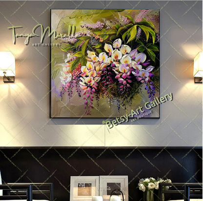 Modern Wisteria Print on Canvas, Colorful Floral Wall Art