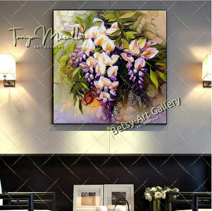 Modern Wisteria Print on Canvas, Colorful Floral Wall Art