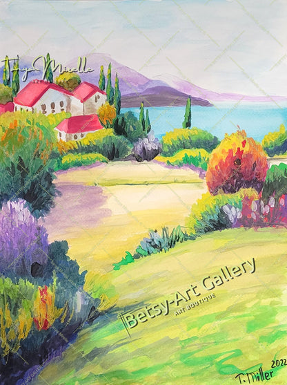 Vibrant Mediterranean Landscape Watercolor Painting, No Frame abstract expressionism art print birthday gift blooming garden art botanical print colorful painting floral art floral painting garden painting gift for mom mediterranean art modern art modern wall art nature painting paper painting small painting wall art home decor watercolor floral watercolor flowers watercolor landscape watercolor painting
