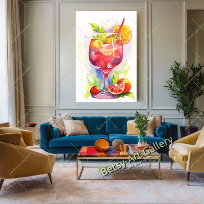 Watercolor Cocktail Glass Canvas Print, Colorful Drink Art