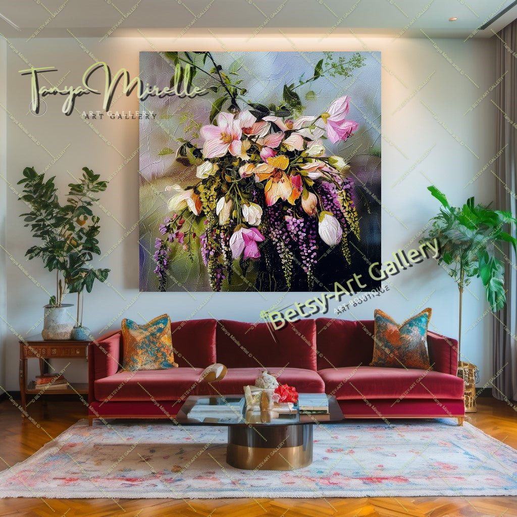 Modern Wisteria Print on Canvas, Colorful Floral Wall Art