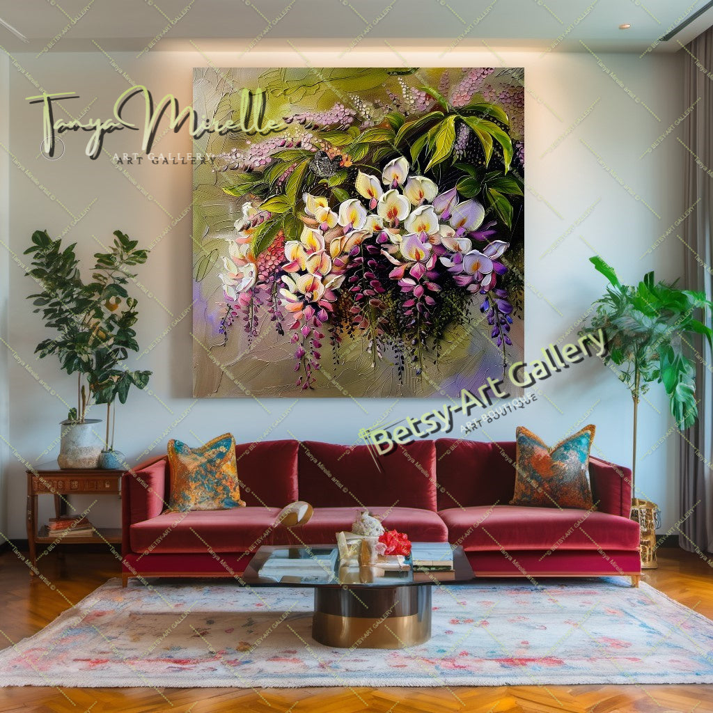 Modern Wisteria Print on Canvas, Colorful Floral Wall Art