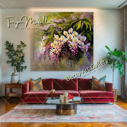 Modern Wisteria Print on Canvas, Colorful Floral Wall Art