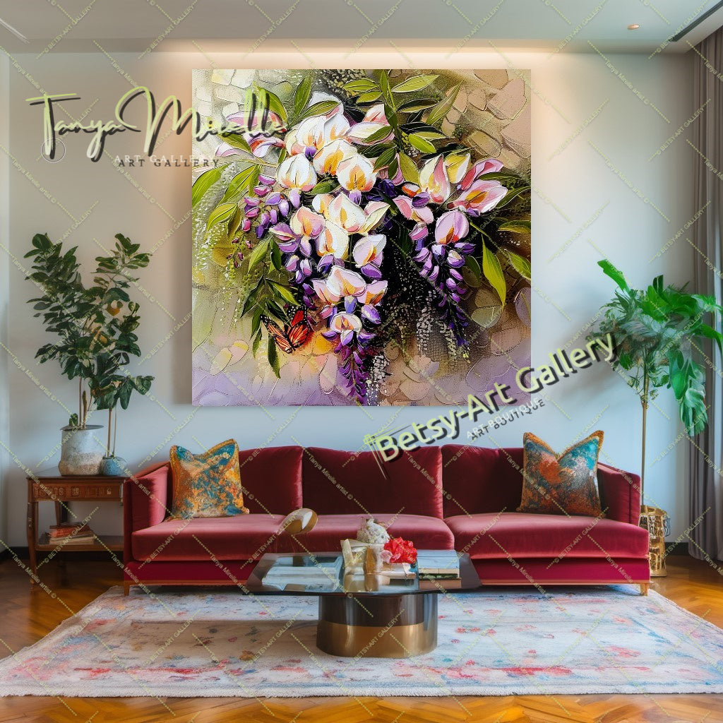 Modern Wisteria Print on Canvas, Colorful Floral Wall Art