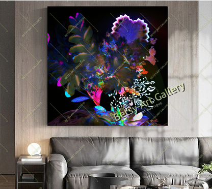 Neon Floral Abstract Canvas Print - Elegant Modern Wall Art