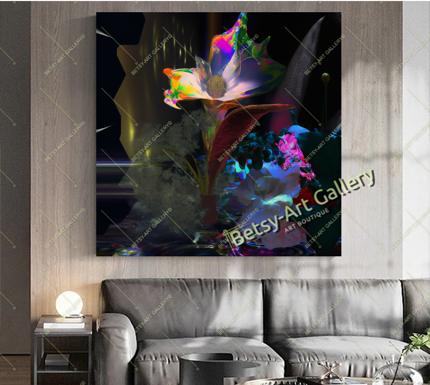 Neon Floral Abstract Canvas Print - Elegant Modern Wall Art