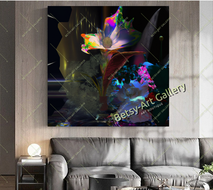 Neon Floral Abstract Canvas Print - Elegant Modern Wall Art