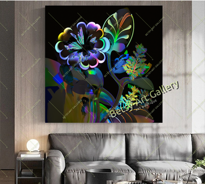 Neon Floral Abstract Canvas Print - Elegant Modern Wall Art