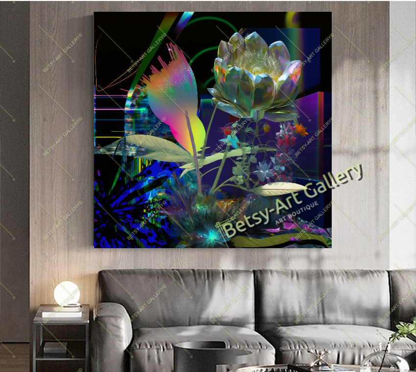 Neon Floral Abstract Canvas Print - Elegant Modern Wall Art