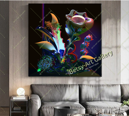 Neon Floral Abstract Canvas Print - Elegant Modern Wall Art