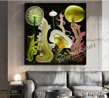 Neon Floral Abstract Canvas Print - Elegant Modern Wall Art