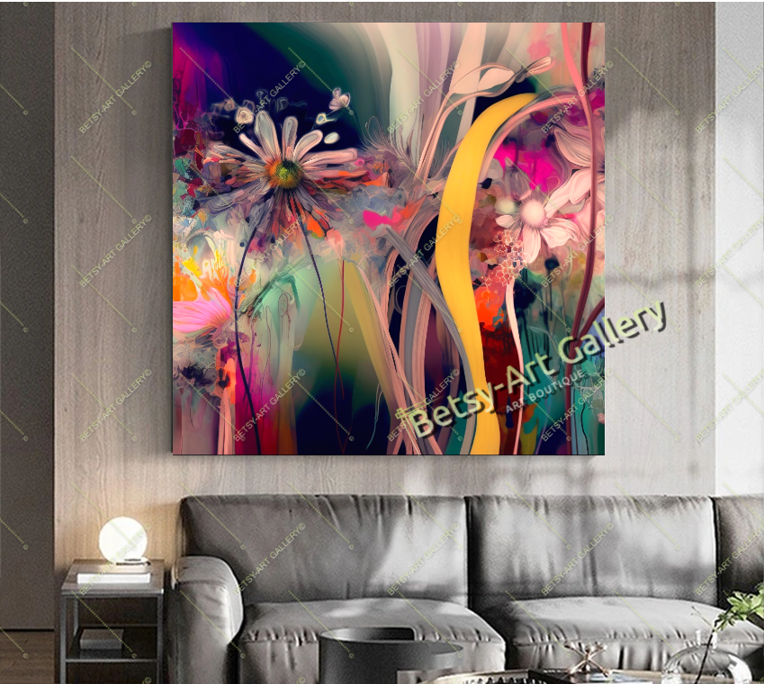 Neon Floral Abstract Canvas Print - Elegant Modern Wall Art