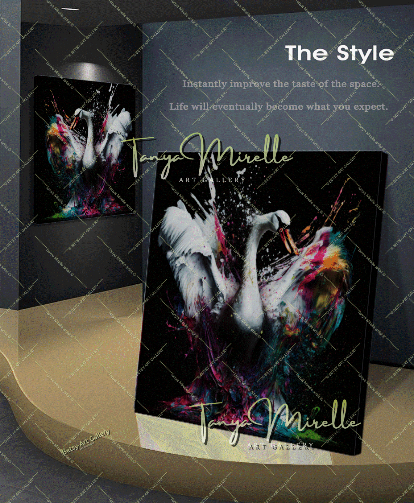 Two White Swans Art Print on Canvas – Modern Colorful Wall Art