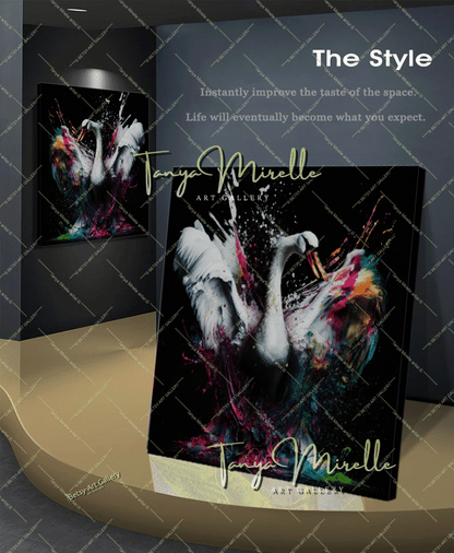 Two White Swans Art Print on Canvas – Modern Colorful Wall Art