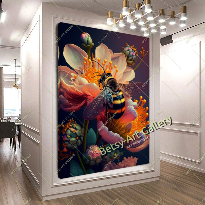 Cozy Floral Nature Canvas Print, Bee and Butterfly Wall Ar