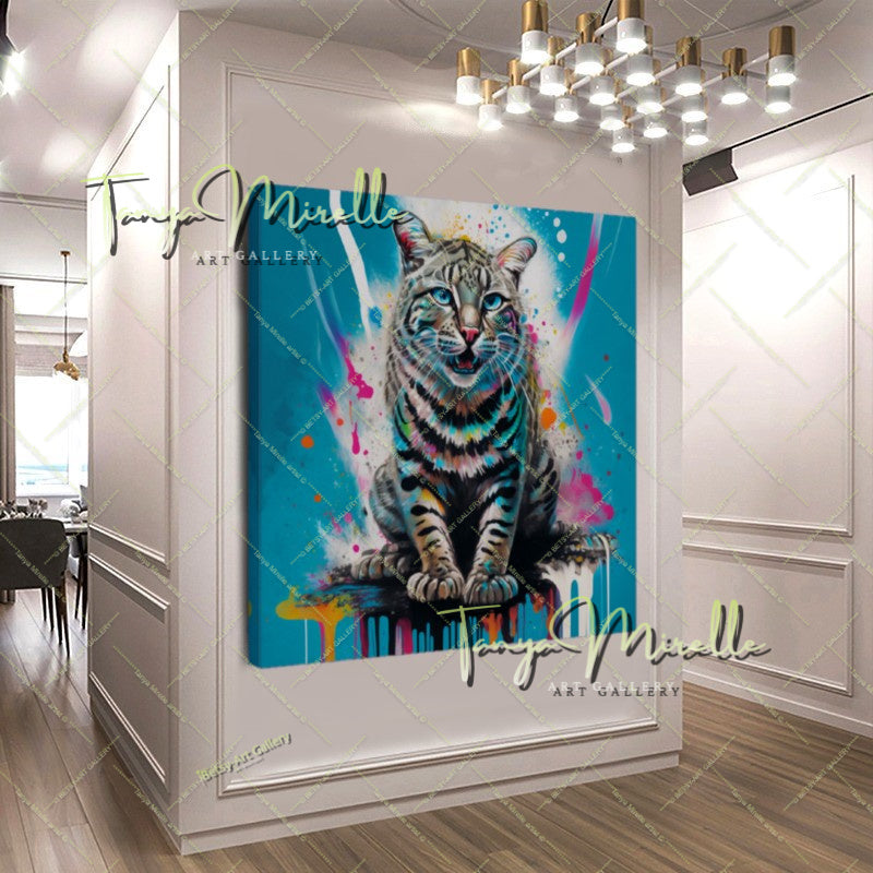 Tiger Cub Art Print on Canvas – Modern Blue Wildlife Wall Art