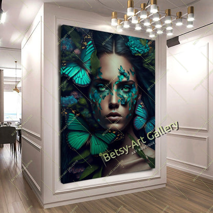 Jungle Woman Butterfly Canvas Print, Fantasy Exotic Decor