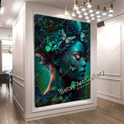 Jungle Woman Butterfly Canvas Print, Fantasy Exotic Decor