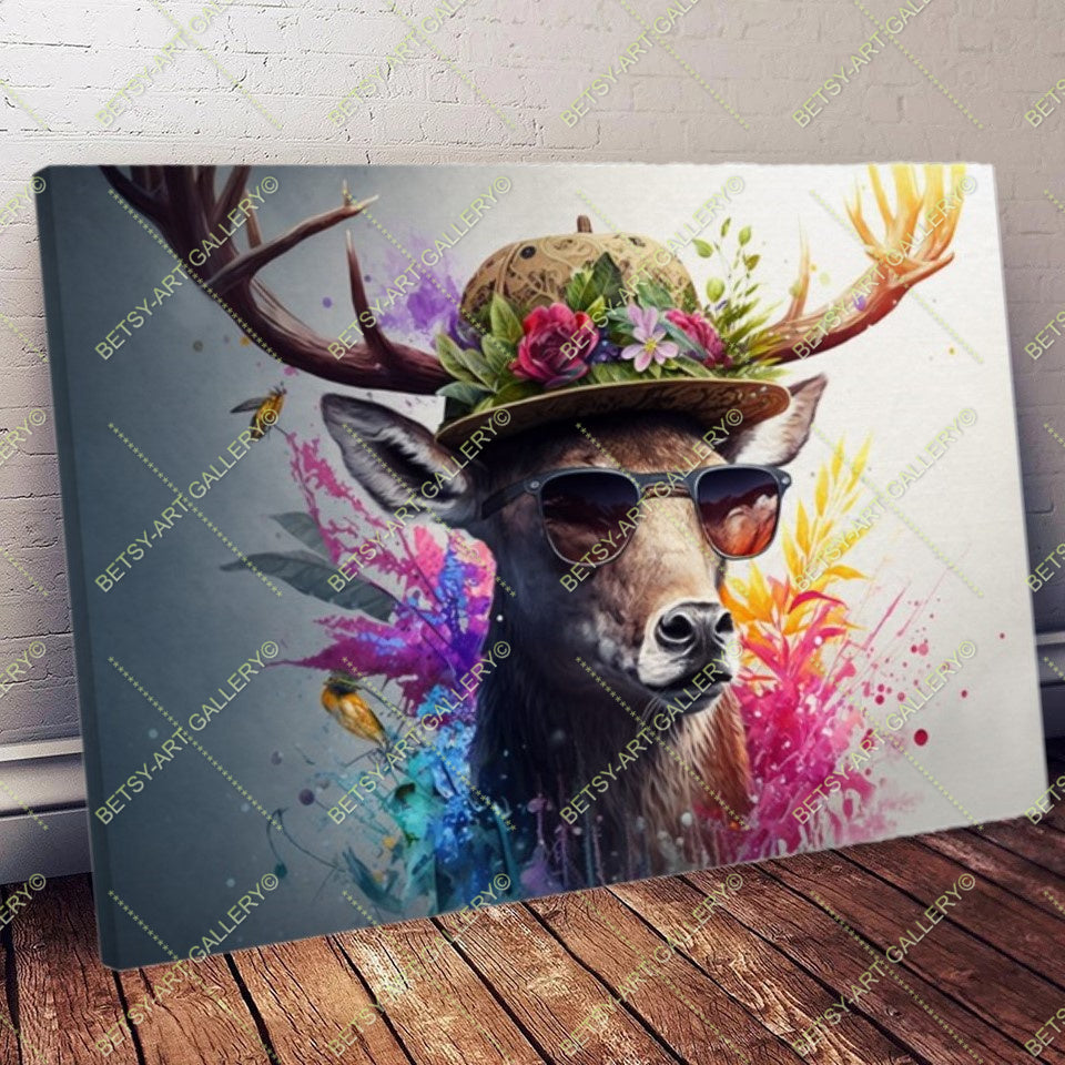 Colorful Floral Portrait Family Deers Canvas Print