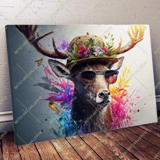 Colorful Floral Portrait Family Deers Canvas Print